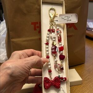 Red and White Beaded Keychain with Bow